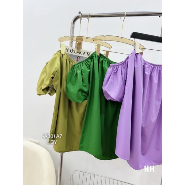 [Ảnh Thật] Áo Trễ Vai Nữ Dáng Rộng Bigsize Áo Babydoll Bẹt Vai Tay Phồng Lụa Xanh Lá/Tím/Xanh Bơ