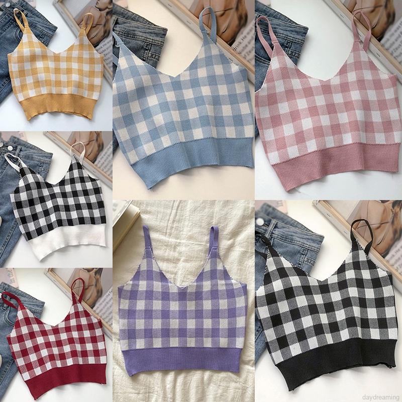 Áo Croptop Dệt Kim Cổ Chữ V Họa Tiết Ca Rô Xinh Xắn Dành Cho Nữ