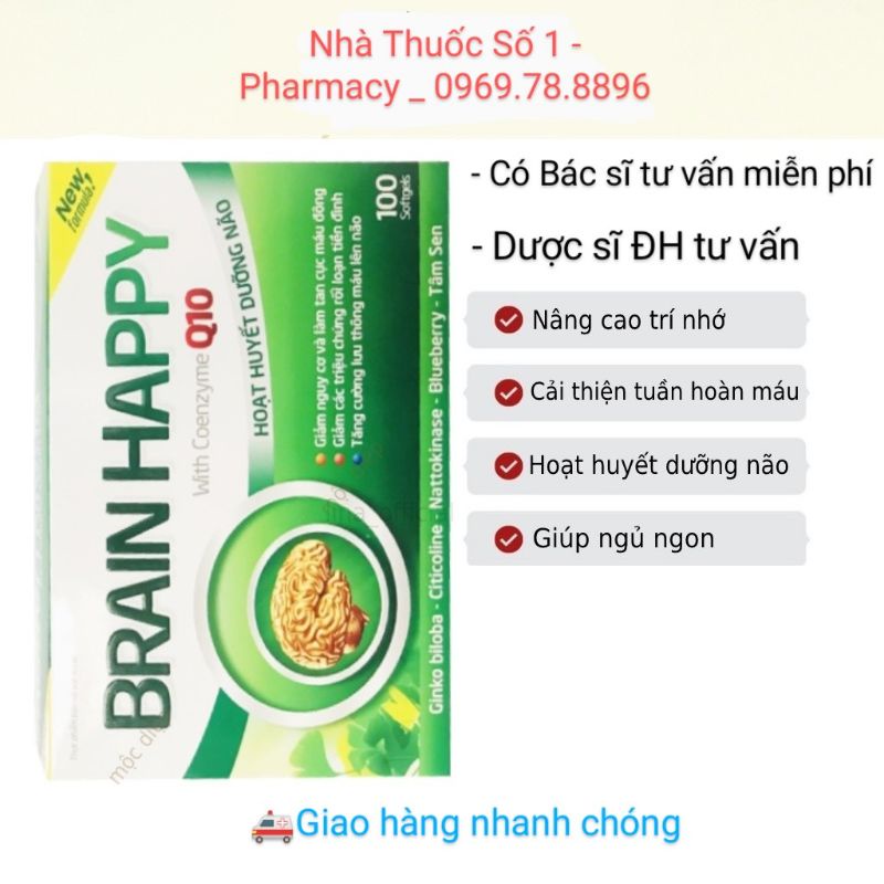 (Chính hãng 💯) Brain Happy Q10 Hoạt huyết dưỡng não bổ não Ginkgo Biloba bổ tim mạch bổ thần kinh mất ngủ chóng mặt 100v