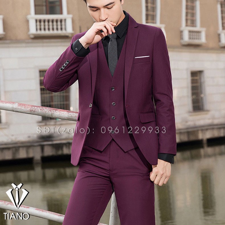 Bộ Vest nam form ôm body 1 cúc màu ĐỎ ĐÔ chất vải dày mịn co giãn nhẹ, form ôm đẹp. Suit Nam Cao Cấp - TIANO STORE