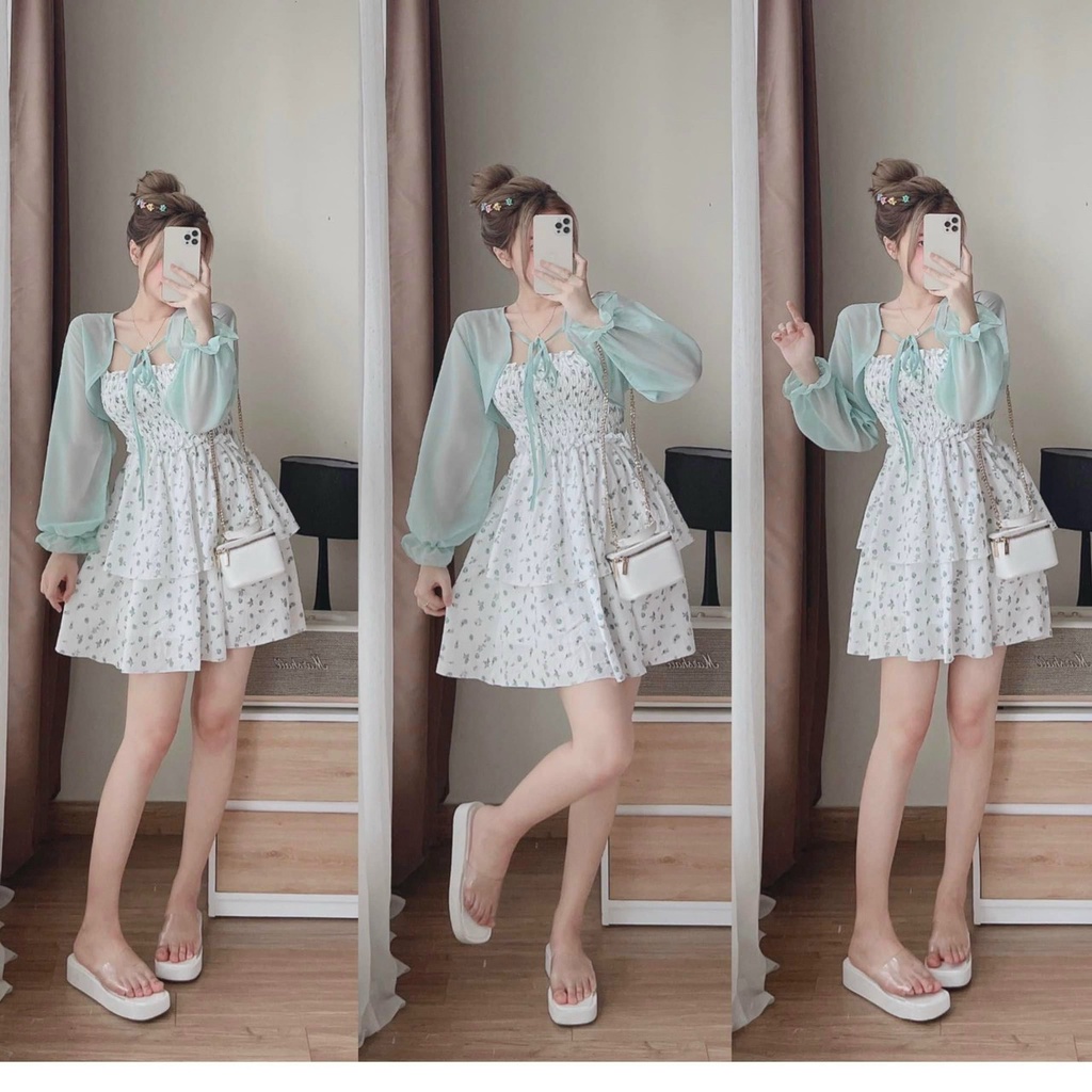 Set váy tiểu thư sang chảnh 2 dây in họa tiết kèm áo voan tay dài nữ tính thiết kế đầm dự tiệc dạo phố XM Minh Phúc