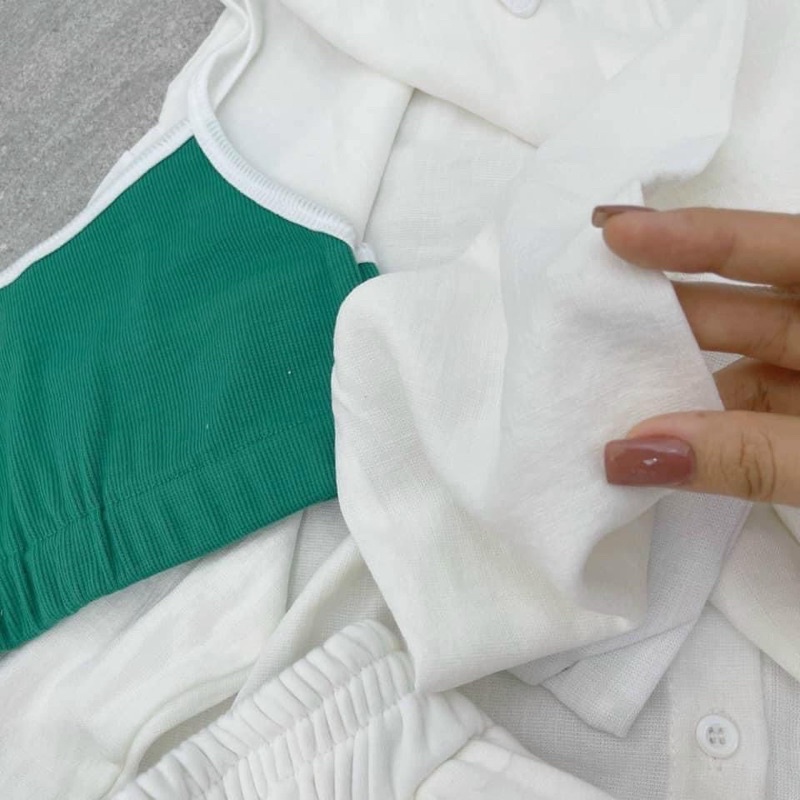 set 3 món xanh lá: Áo sơ mi + short + bra