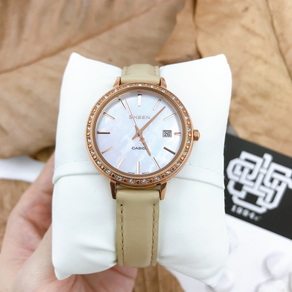 Đồng hồ nữ Casio SHEEN SHE-4052 / SHE-4052PGL-7B đính đá Swarovski, dây da thật, hàng chính hãng