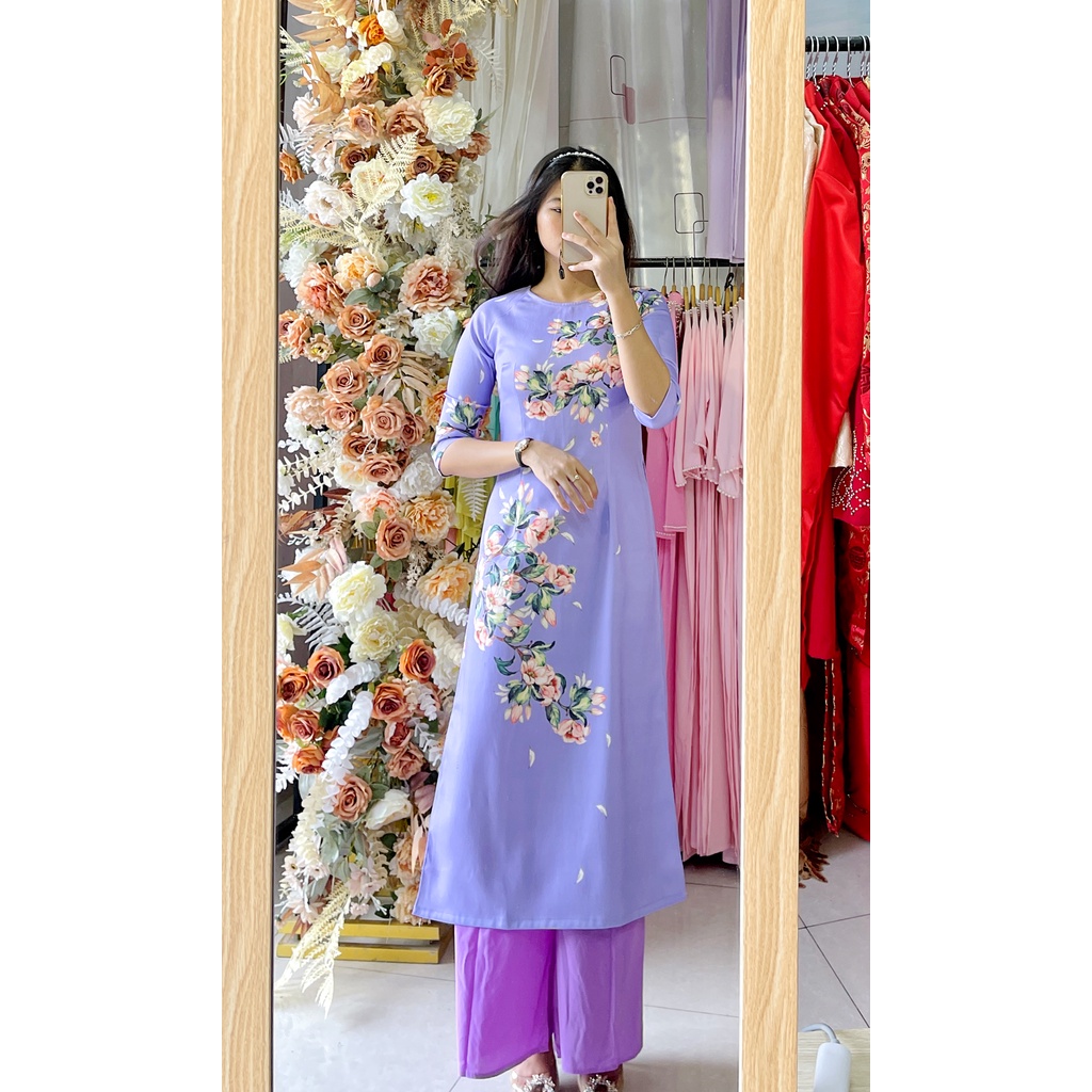 Áo dài gấm dày cách tân tà ngắn in họa tiết công - xanh ngọc - tím - lồng đèn pháo Tết