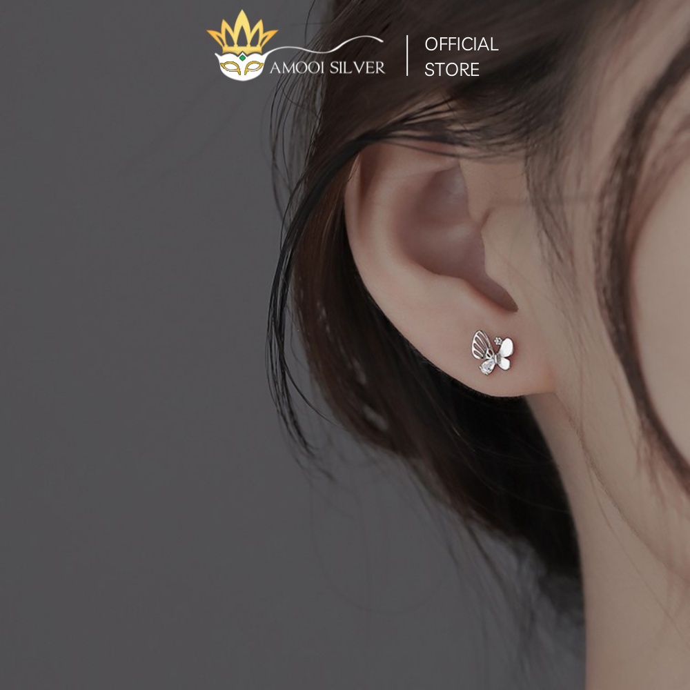Bông Tai Bạc S925 Cánh Bướm Bất Đối Xứng Đính Đá Sang Trọng - Amooi Silver AB219