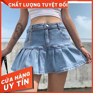 Chân váy jean xếp ly dáng ngắn xoè đuôi cá kèm ảnh thật SẴN XANH ĐẬM