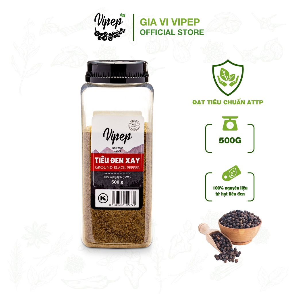 Tiêu đen xay nhuyễn Vipep 500g, xay từ 100% tiêu sạch - gia vị dùng nêm nếm, tẩm ướp,...tốt cho sức khoẻ