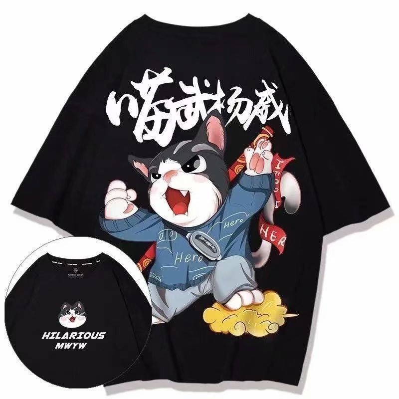 Áo thun tay ngắn cổ tròn dáng rộng in hình mèo Kung Fu cá tính size M-5XL cho nam nữ