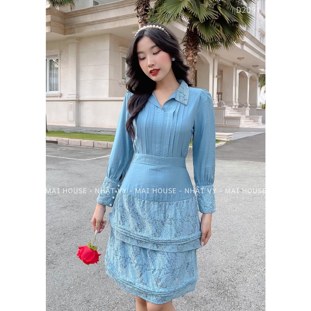 Đầm Công Sở NHẬT VY Cổ Sơ Mi Trơn Chiết Eo Tùng Phối Tầng Ren Chất Lụa Xước Màu Xanh, Đen - D2091