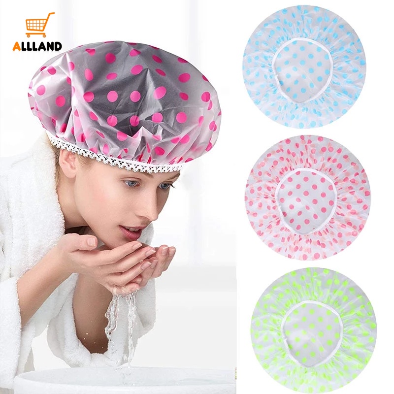 Mũ Trùm Tóc Khi Tắm In Họa Tiết Chấm Bi Dễ Thương Chất Liệu Dày Dặn Co Giãn Chống Thấm Nước
