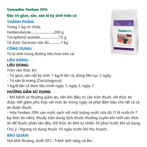 Vemedim Fenben 20% dùng cho cá bị giun, sán lá ký sinh, gói 1kg.