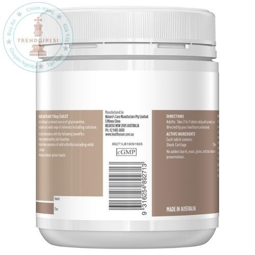Sụn vi cá mập úc Healthy Care Shark Cartilage 750mg 200 viên hỗ trợ xương khớp cho người lớn trên 18 tuổi - Mẹ bean bon