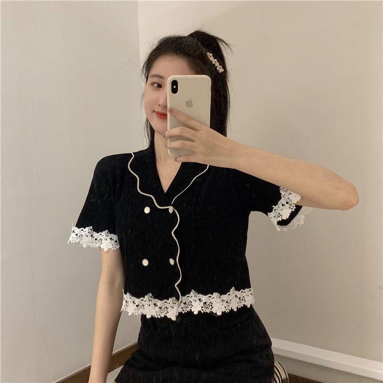 Áo tay ngắn màu đen phối ren thời trang mùa hè dành cho nữ | BigBuy360 - bigbuy360.vn