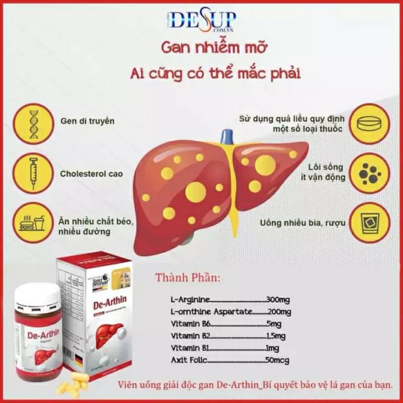Bổ mát giải độc bảo vệ gan DE-ARTHIN với arginin 200mg giúp ngăn ngừa ung thư xơ viêm gan B nhập khẩu Đức  30 viên