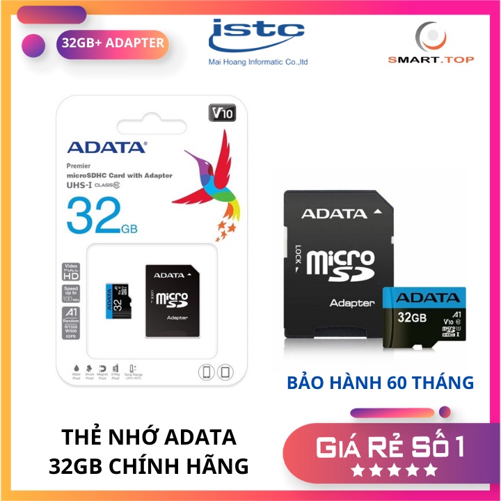 [CHÍNH HÃNG] Thẻ nhớ ADATA 32GB + Adapter UHS-I Class 10- Bảo Hành 60 tháng 1 đổi 1