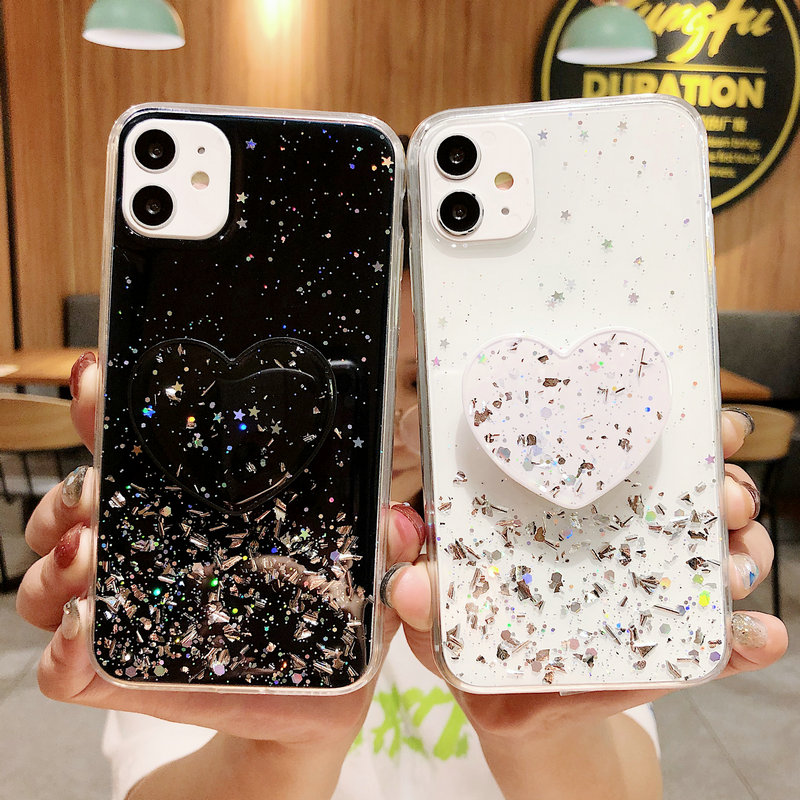 Heart stents Xiaomi 8 9 9T A1 A2 A3 Lite Note 10 Pro Transparent Glittering Star Sky with holder Soft phone case