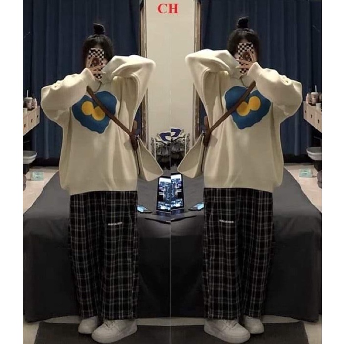 Set áo swearter trái tim xanh + quần kẻ than COS