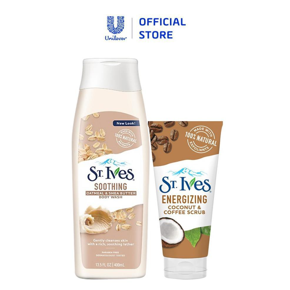 Combo Sữa rửa mặt tẩy tế bào chết St.Ives Cafe và Dừa 170g + Sữa tắm St.Ives Yến Mạch và Bơ 400ml