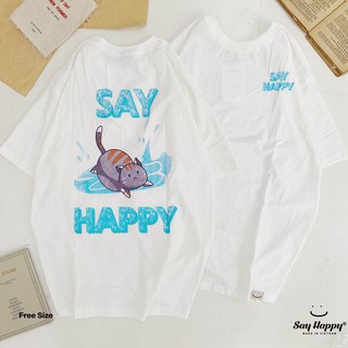Áo Thun Nam Nữ Unisex Form Rộng Tay Lỡ In Hình Mèo Say Happy