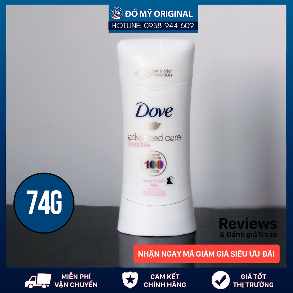 Lăn khử mùi Dove Advanced Care Invisible Clear Finish 48h 74g Hàng Nhập Mỹ Dưỡng Ẩm Da Mềm Mịn, Khử Mùi Mồ Hôi