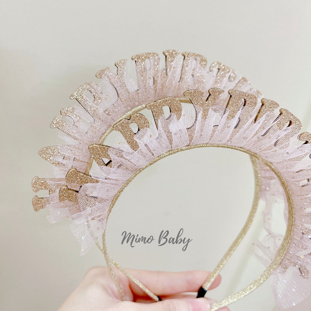 Bờm cài sinh nhật chữ happy birthday viền voan hồng cho bé Mimo baby BD33