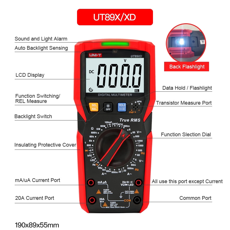 UT89X/XD Đồng hồ vạn năng kỹ thuật số NCV TRMS (AC DC-1000V) (AC DC-20A) Firewire, diode triode, LED, đo chu kỳ nhiệm vụ