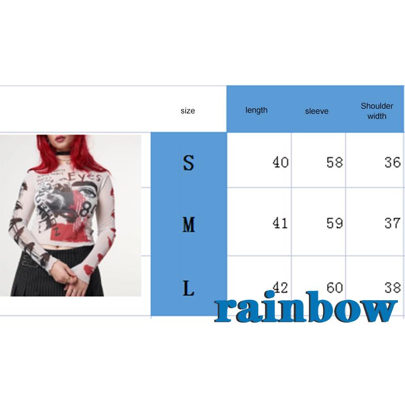 RAINBOW-Y2K E-girl Graphic Print Mesh Crop Top Harajuku Grunge Long Sleeve See Through Tees Gothic Mall Goth Crop Top