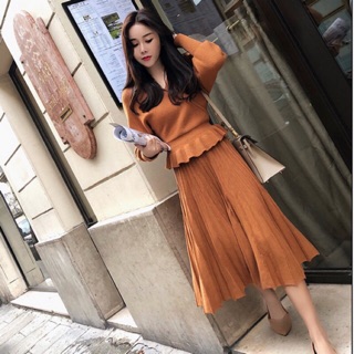 Sét áo váy len xoè thun eo ( HÀNG SẴN MÀU BE FULL SIZE)