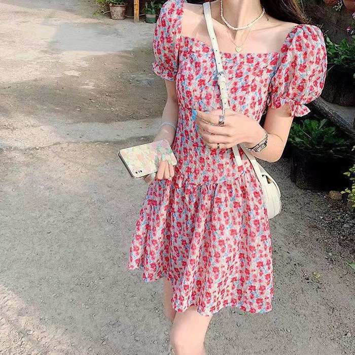 Đầm Tay Phồng Cổ Vuông Họa Tiết Hoa Phong Cách Hàn Quốc Thời Trang Cho Nữ
