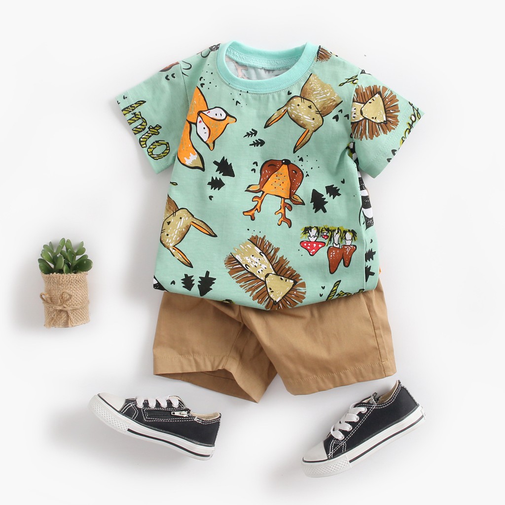 Set Đồ 2 Món Sanlutoz Họa Tiết Hoạt Hình Màu Xanh Lá Thời Trang Mùa Hè Cho Bé Trai