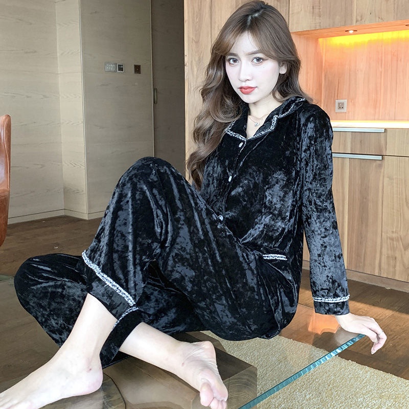 Bộ đồ ngủ tay dài chất nhung phối ren phong cách công chúa thời trang thu đông Hàn Quốc cho nữ