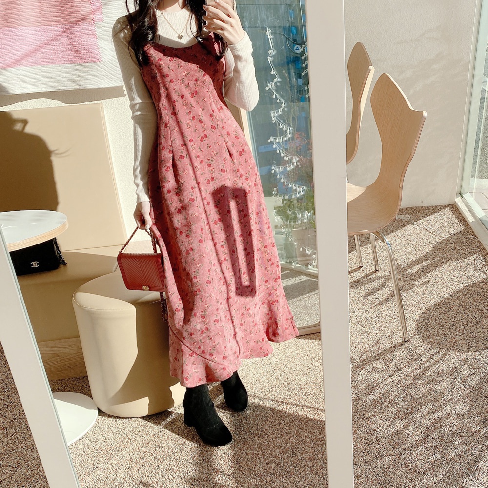 Áo thun màu trơn/ Đầm hai dây SUXI họa tiết hoa phong cách Hàn Quốc thời trang thanh lịch dành cho nữ