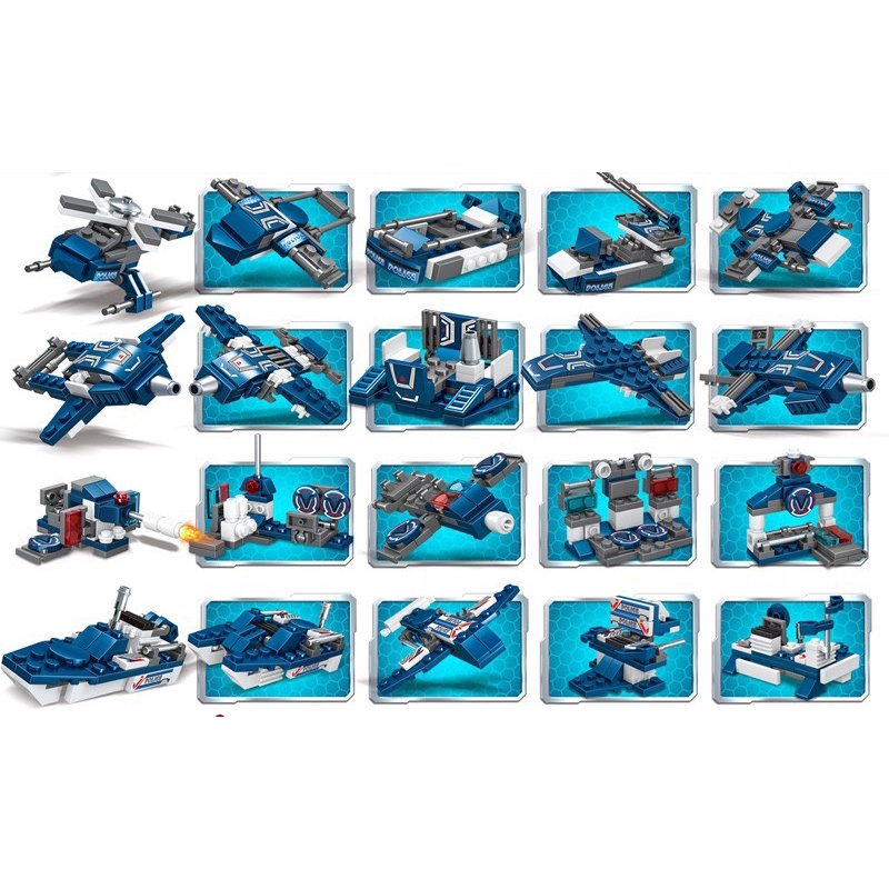 Bộ Xếp Hình OTO SWAT 350 Mảnh - 43 Tạo Hình, Đồ Chơi Lắp Ghép Xe Cảnh Sát, Láp ráp Robot, Trực Thăng