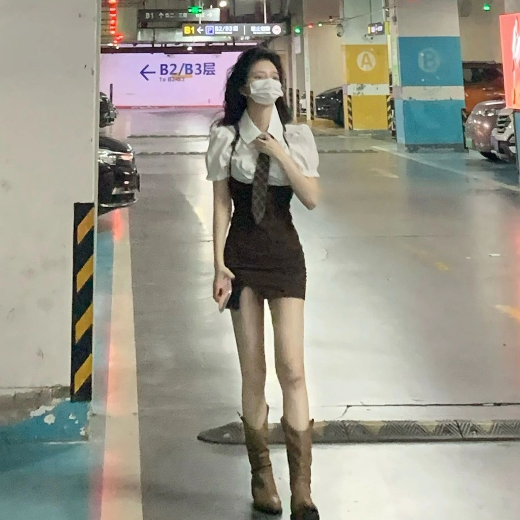 Đầm PERTY tay ngắn phồng ôm dáng phong cách Hàn Quốc thời trang mùa thu dành cho nữ