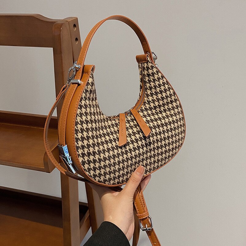Túi đeo vai Jasmin Noir bằng len kiểu trăng khuyết in họa tiết houndstooth thời trang cổ điển mùa đông cho nữ