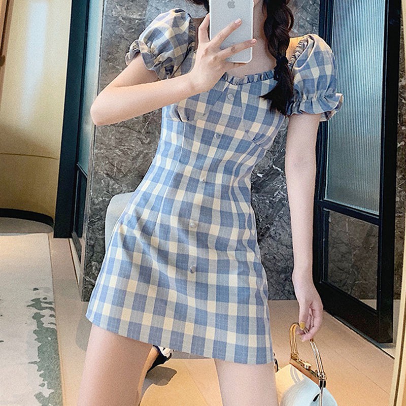 Đầm Trễ Vai Tay Phồng Họa Tiết Ca Rô Thời Trang Dành Cho Nữ | BigBuy360 - bigbuy360.vn