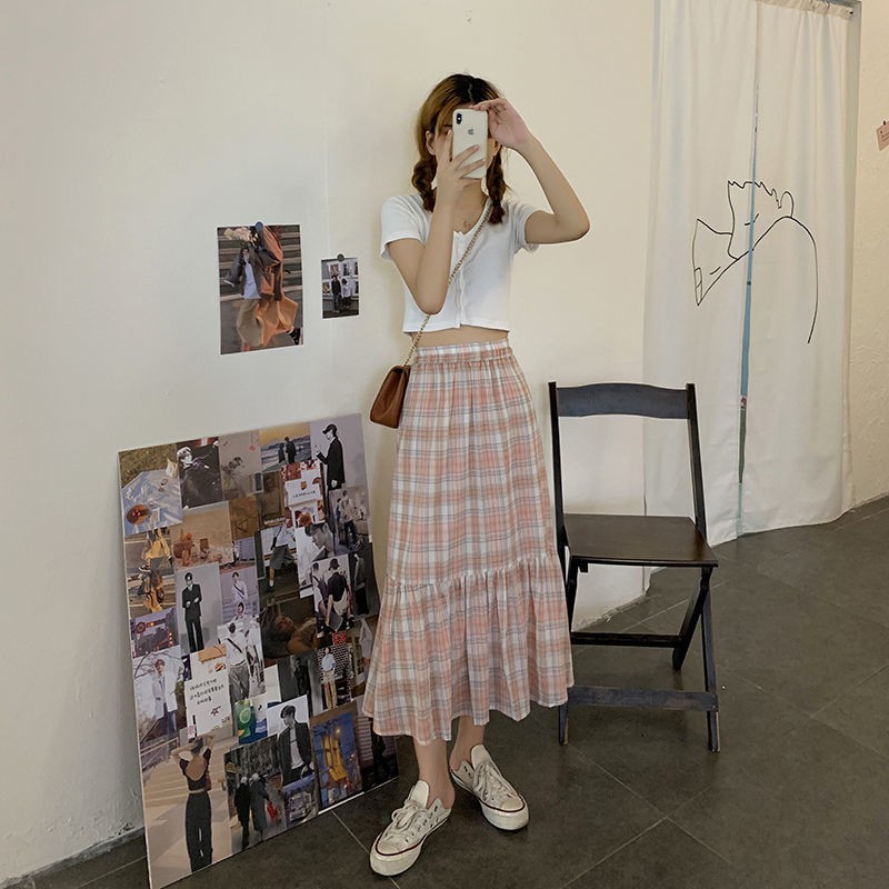Chân Váy Dài Lưng Cao Dáng Chữ A Họa Tiết Sọc Caro Phong Cách Hàn Quốc Thời Trang Mùa Hè Quyến Rũ Cho Nữ 2021