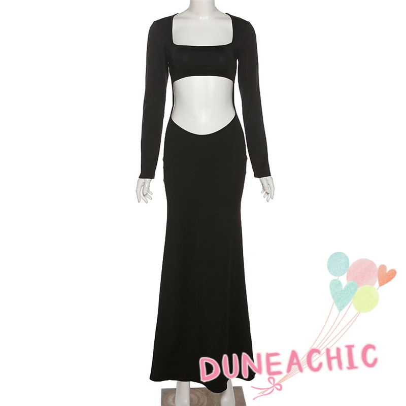 DUNEA Đầm Tay Dài Cổ Vuông Màu Trơn Thời Trang Cho Nữ