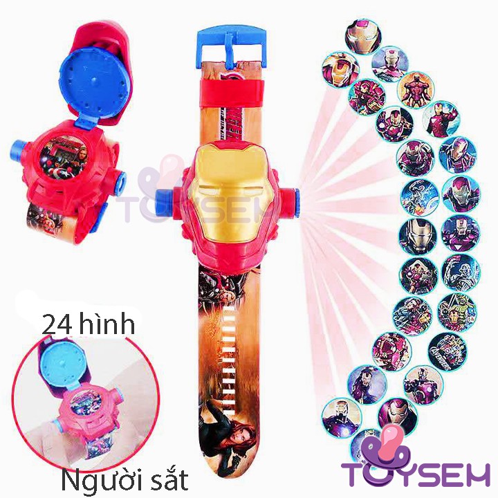 Đồng hồ chiếu lên tường Toysem 24 hình cho trẻ em với nhân vật người nhện, người sắt - Quà tặng sinh nhật cho bé