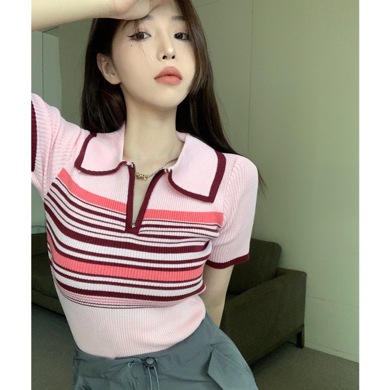 Áo Thun polo Dệt Kim Tay Ngắn Dáng Ôm Họa Tiết Kẻ Sọc Thời Trang