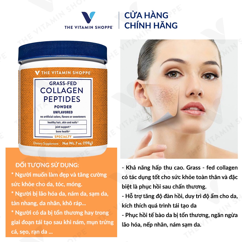 Bột tăng cường sức khỏe da, tóc, móng THE VITAMIN SHOPPE Grass-Fed Collagen Peptides Power 198g