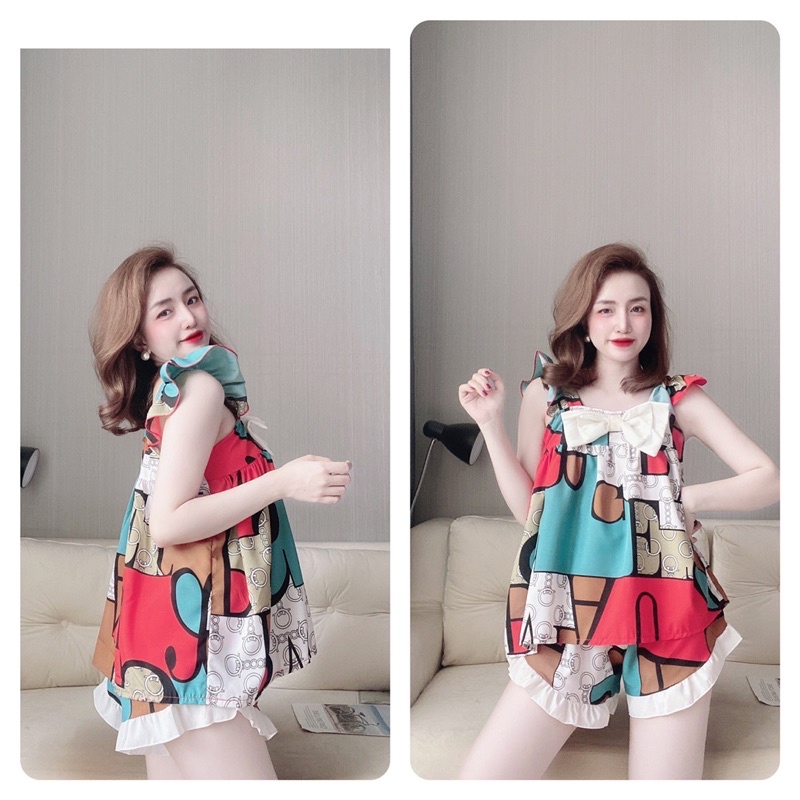 Đồ Bộ Lụa 2 Dây Nữ, Bộ Đồ Lụa 100d 2 Dây Nữ, Bộ mặc nhà Nữ dễ thương viền bèo, lụa 100d lập thể, Freesize &lt; 60kg