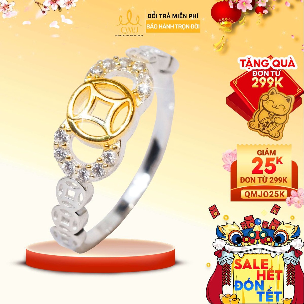 Nhẫn kim tiền bạc 925 cao cấp mạ vàng 24k nạm đá tấm tinh sảo Kim Ngân Phát Lộc QMJ - Q271
