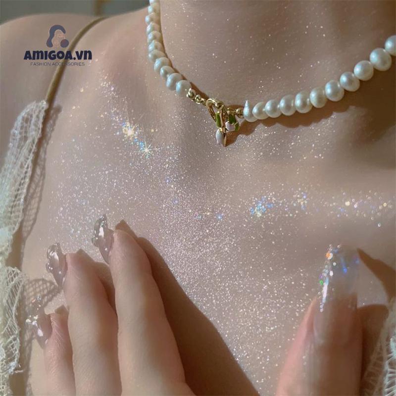 ✨✨Vòng cổ Mặt Hoa Tulip Hồng Đính Ngọc Trai Thanh Lịch