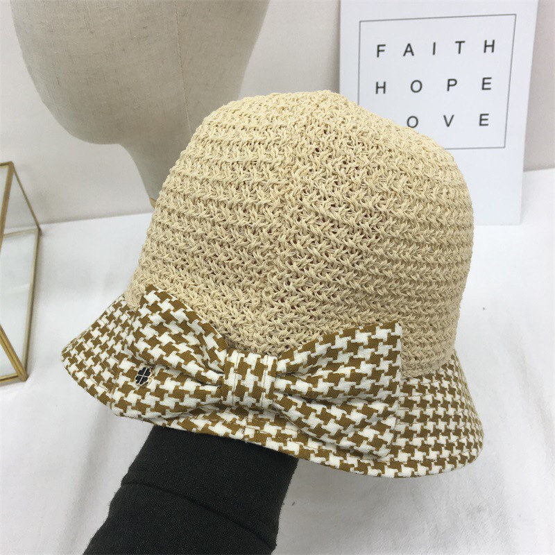 MŨ/NÓN TAI BÈO ĐAN CÓI PHỐI VẢI MÀU NÂU RÊU Họa Tiết Caro Đính Nơ Xinh Xắn,Thời Trang Trẻ Trung Mùa Hè Dành Cho Nữ
