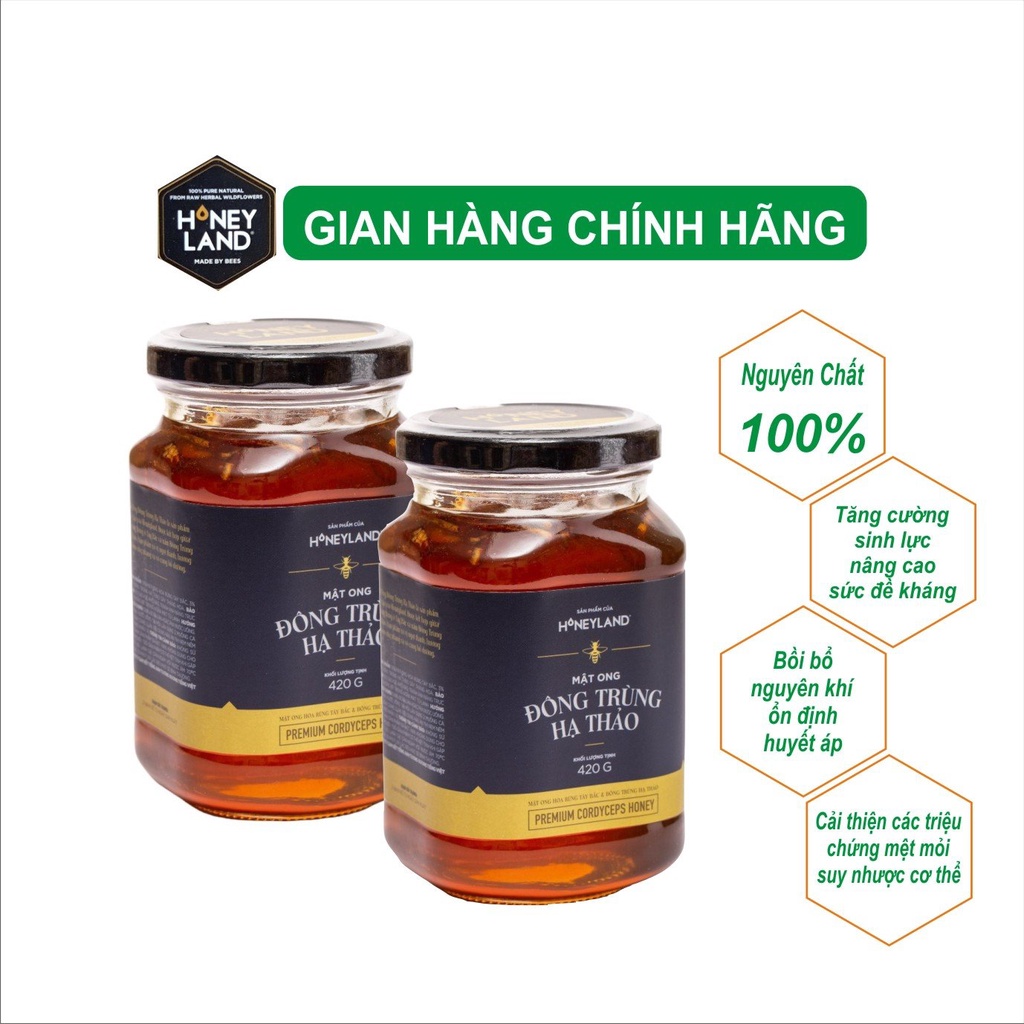 Bộ 2 chai mật ong Đông Trùng Hạ Thảo HONEYLAND 420g mật ong thiên nhiên nguyên chất tăng cường sức đề kháng