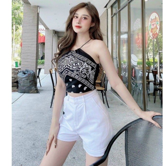 Áo yếm dây in thổ cẩm thun borip siêu đẹp Trắng-Đen Hình thật trải sàn