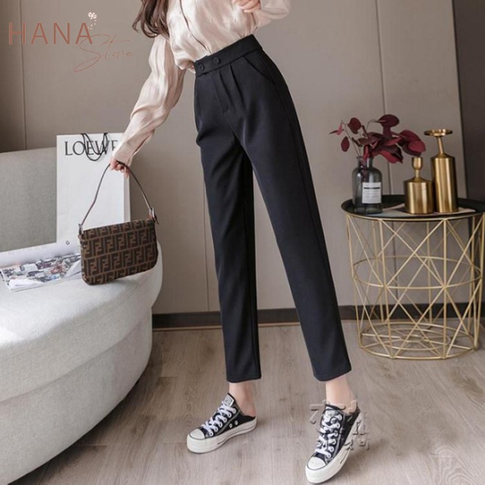 Quần baggy công sở nữ 2 cúc bấm cạp lưng cao màu Đen dài ống bằng đứng - Mặc đi làm đi học sinh - Vải Vintex dày dặn mềm | BigBuy360 - bigbuy360.vn
