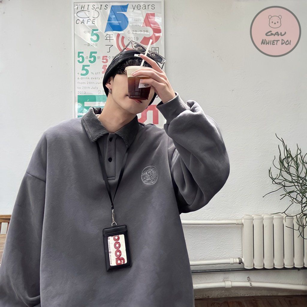 Áo Sweater Nỉ Unisex Logo Ngực Cổ Polo Dài Tay 2 Màu Đen/Xám Freesize Thời Trang Nam