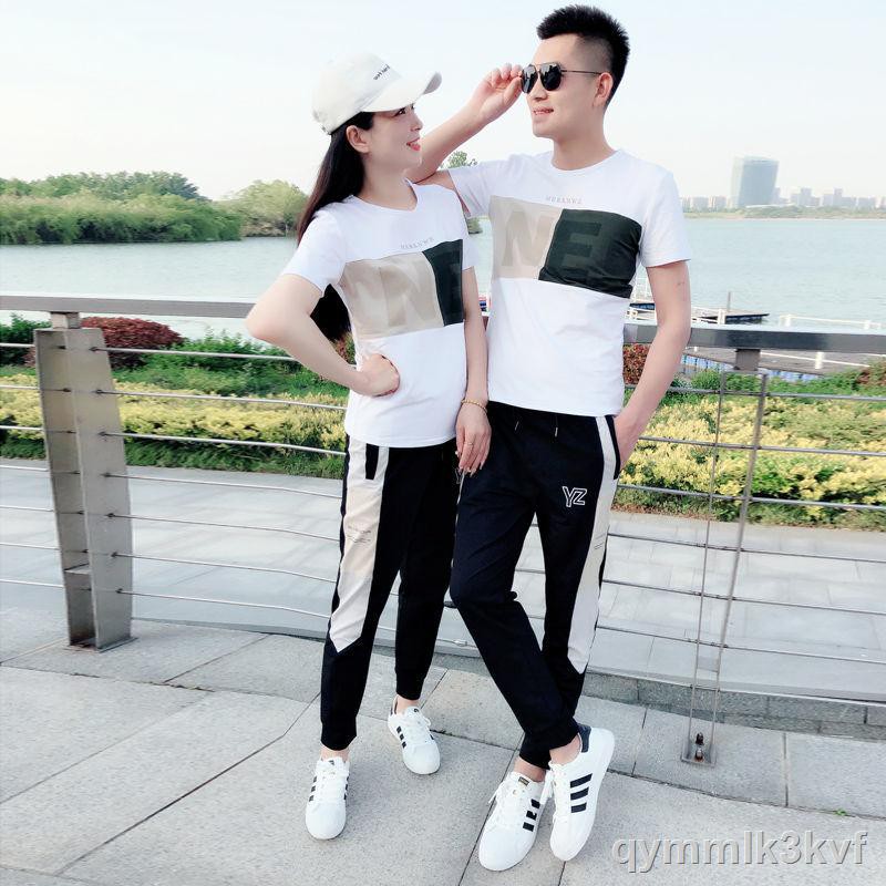 ◎☄№Người nổi tiếng mùa hè Bộ đồ thể thao giản dị nam phiên bản Hàn Quốc xu hướng cặp đôi cổ tròn tay áo thun quần tây ha
